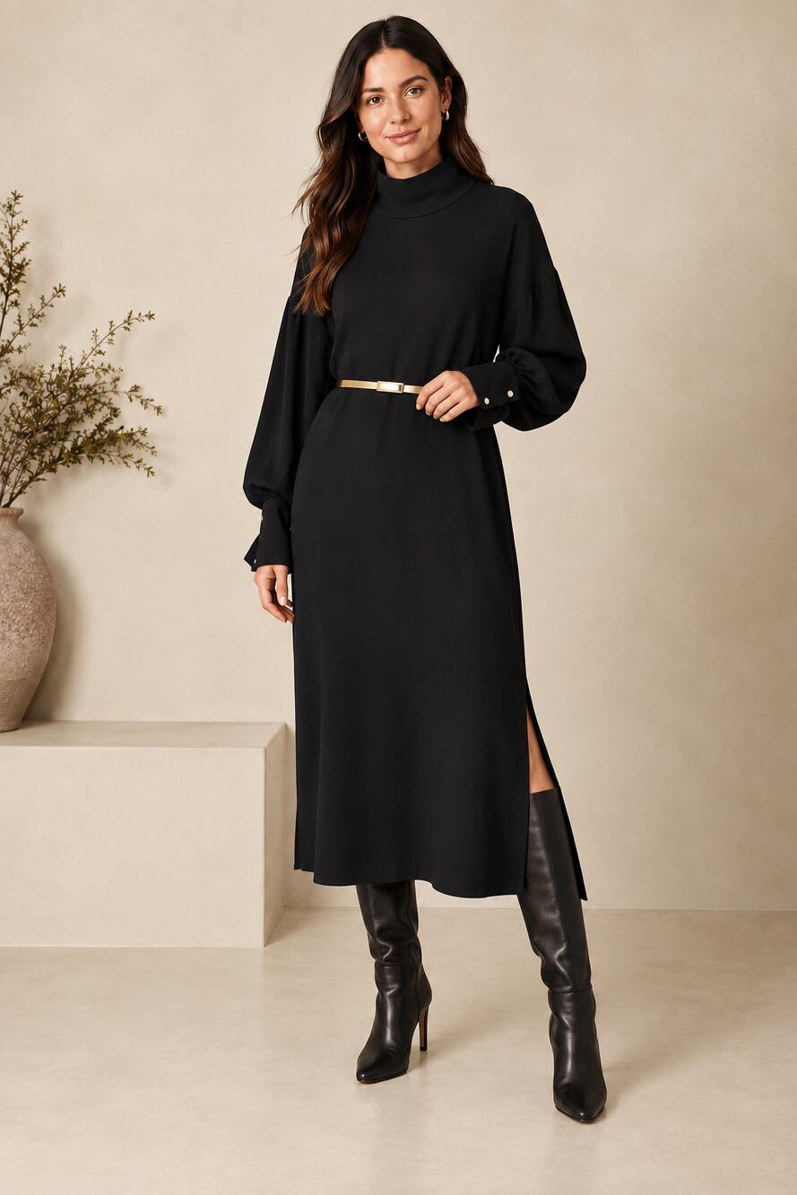 Banana Republic Riya Midi Dress WMNS XL Black Turtleneck Side Slit Minimalist
